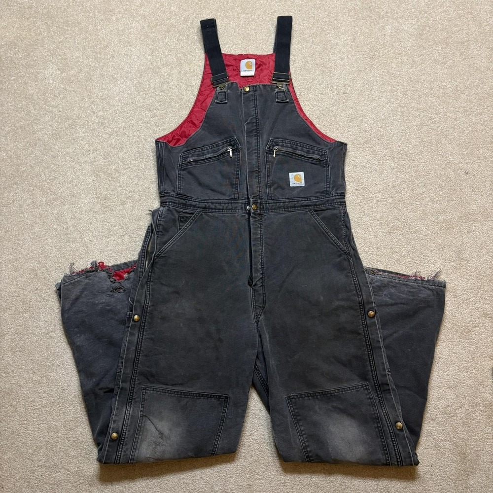 Vtg Carhartt Overalls Mens 38x32 Black Quilted Faded Distressed Bib Work R04 BLK